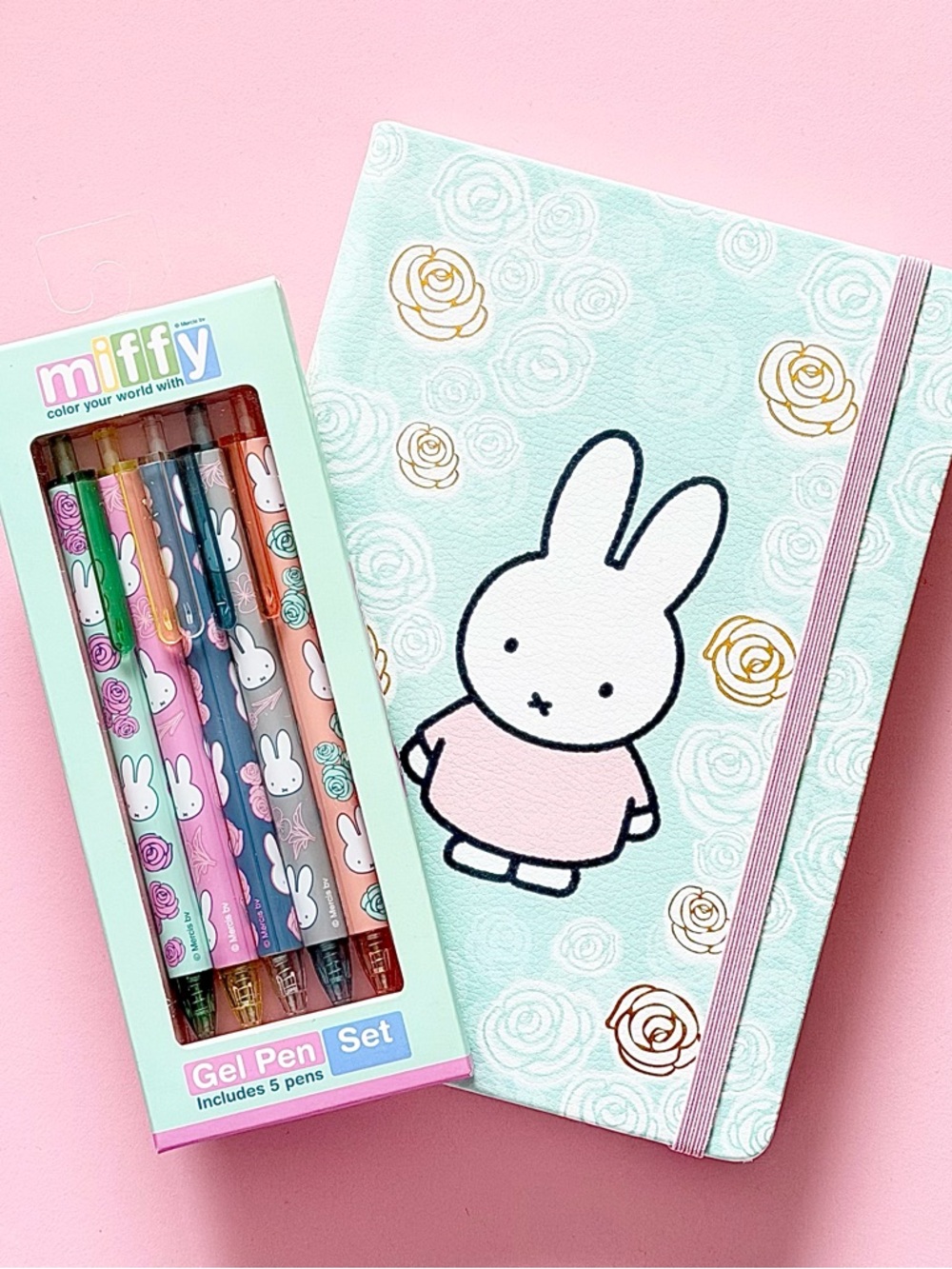 miffy Pastel Mint & Pink Gel Pen Set with Floral Miffy Notebook